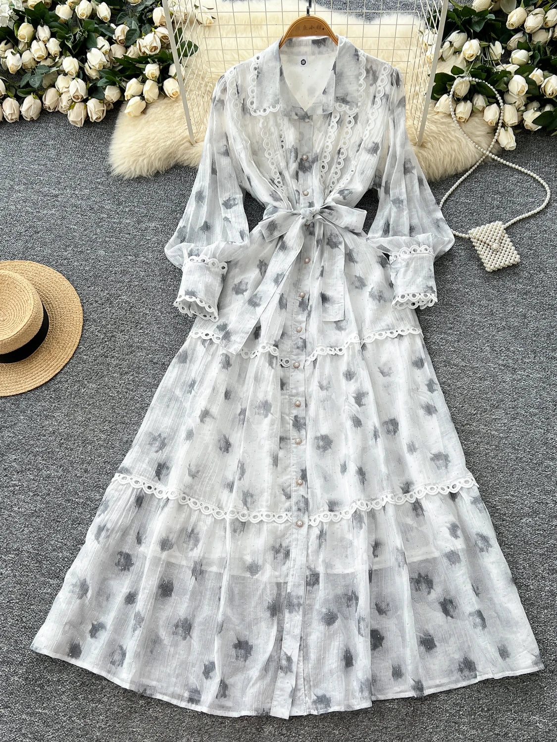 Rhinestone Lace-Up Boho Long Dress
