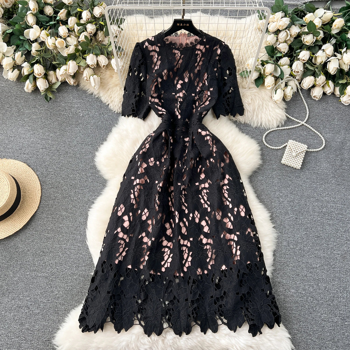 Lace Cutout Short Sleeve A-Line Dress