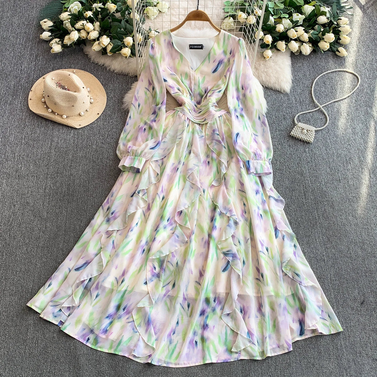 Chiffon Print Long Sleeve A-Line Dress