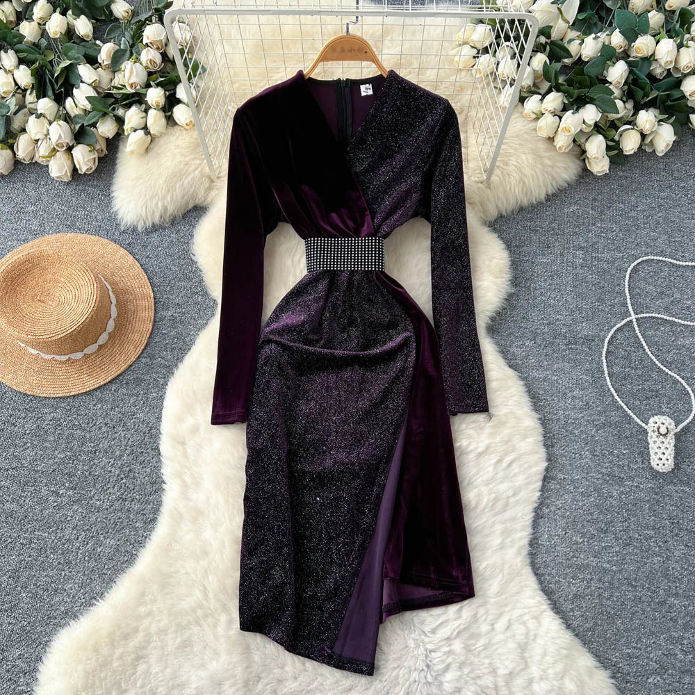 Velvet Paneled Long Sleeve Party Dress