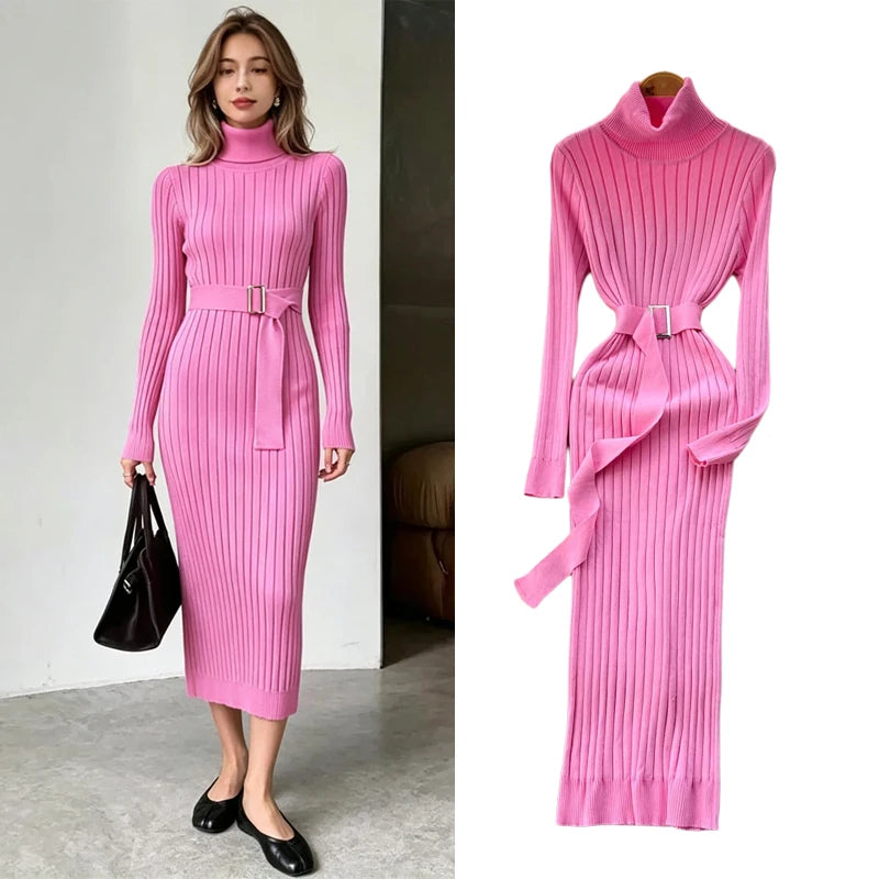 Turtleneck Long Sleeve Knit Bodycon Sweater Dress