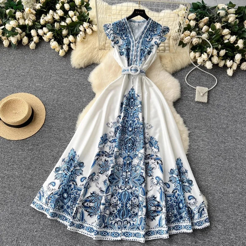 Print Flutter Sleeve V-Neck Long Dress