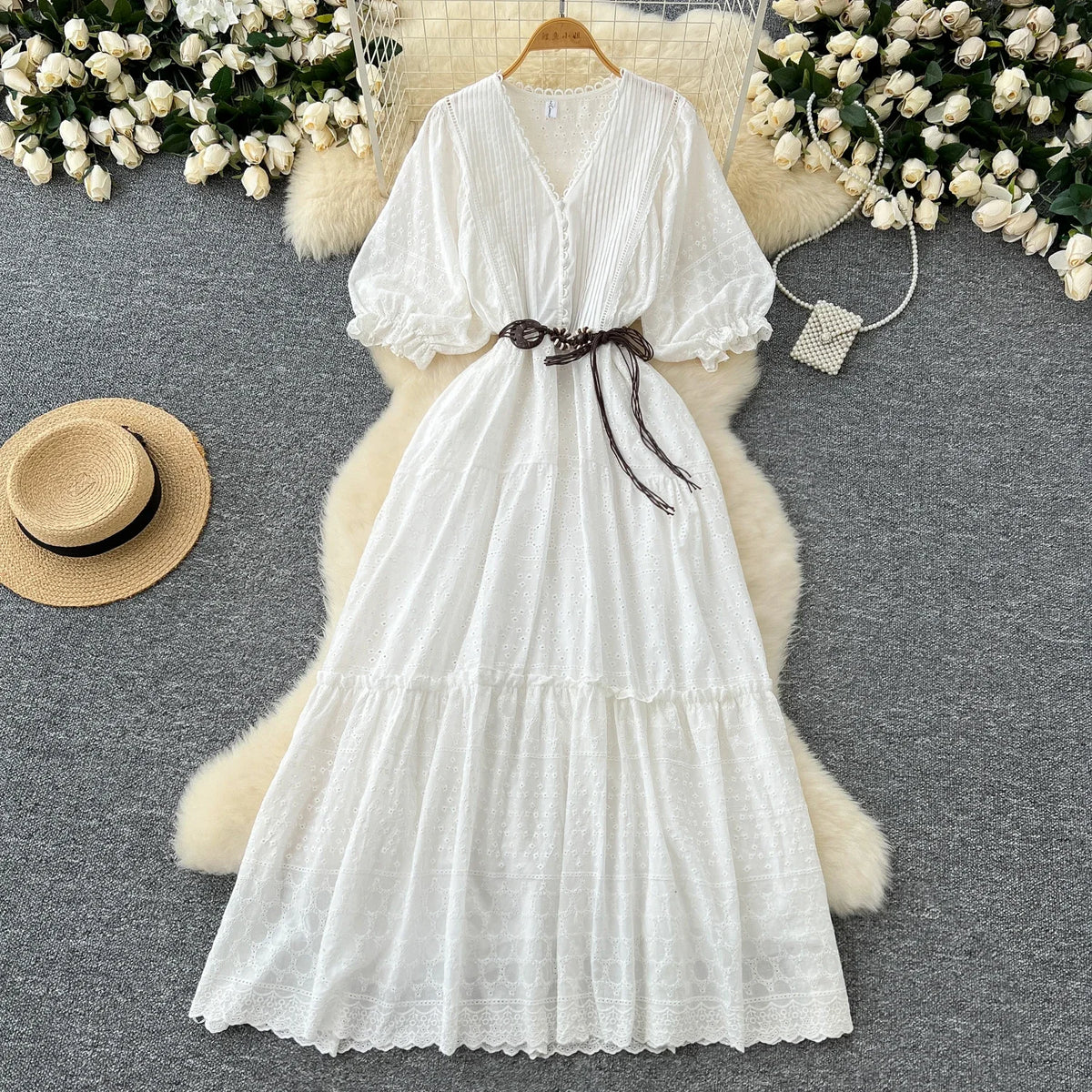 Embroidered V-Neck Short Lantern Sleeve Dress