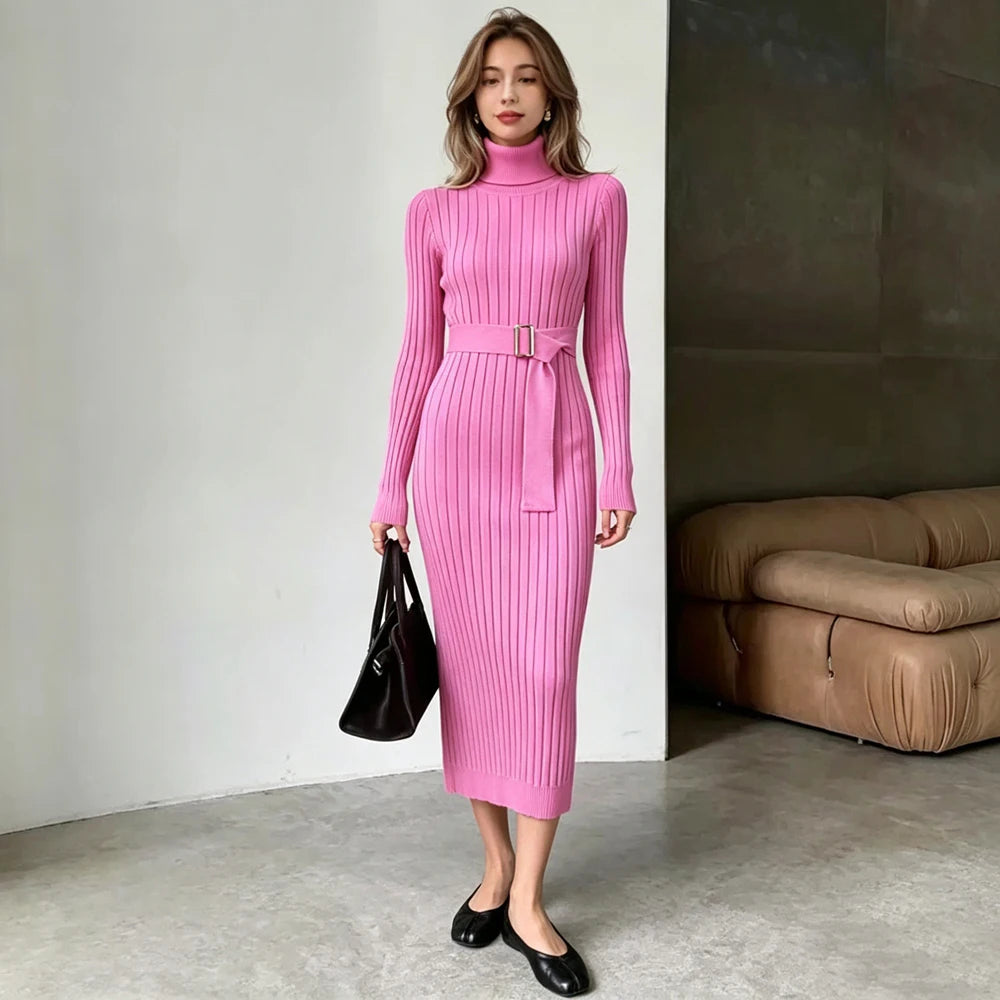 Turtleneck Long Sleeve Knit Bodycon Sweater Dress