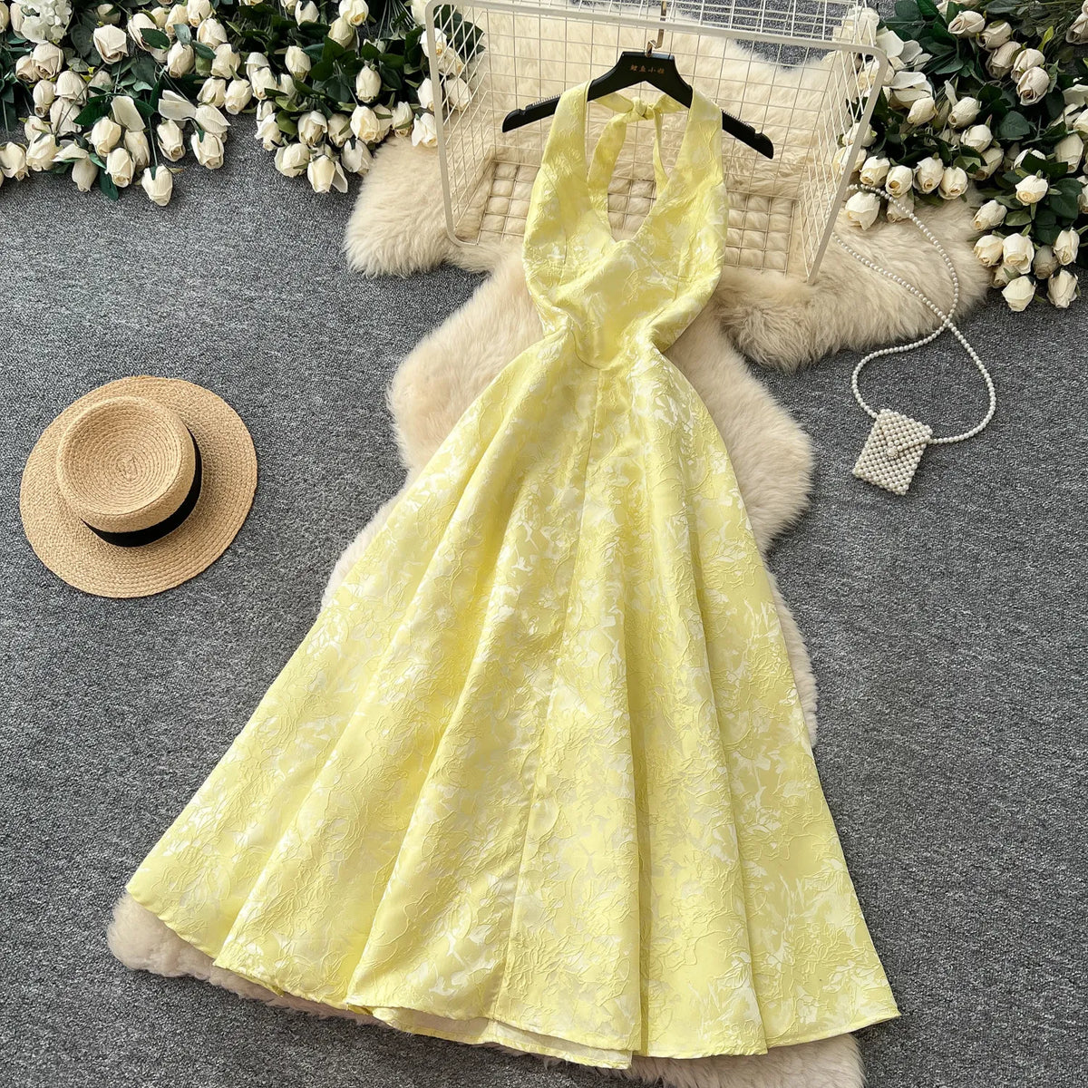Floral Embroidered Halter Maxi Dress