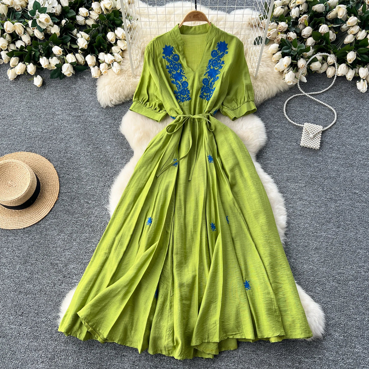 Embroidered V-Neck Puff Sleeve Beach Dress