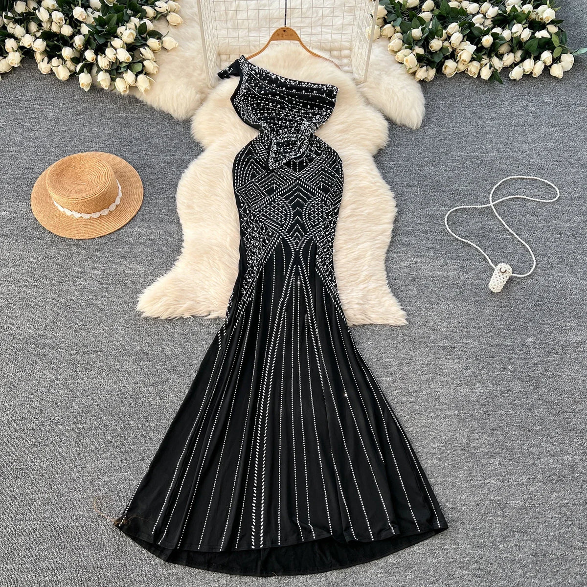 Embroidered Beaded Diagonal Shoulder Long Dress