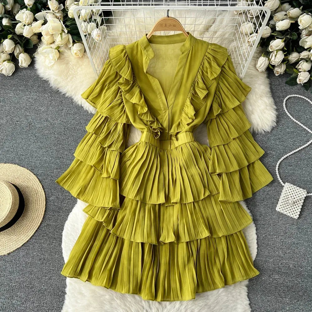 Vintage Ruffle Tiered Flare Sleeve Mini Dress