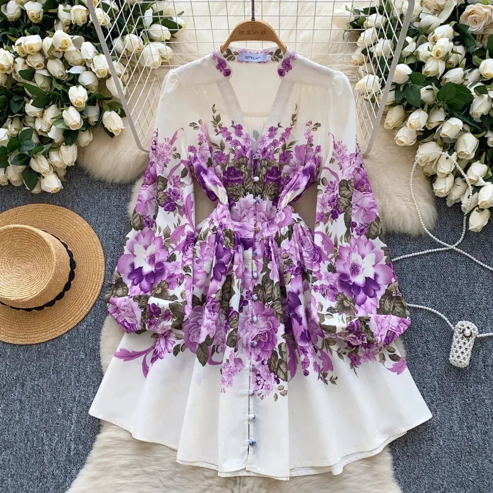 French Print Puff Sleeve Button A-Line Dress