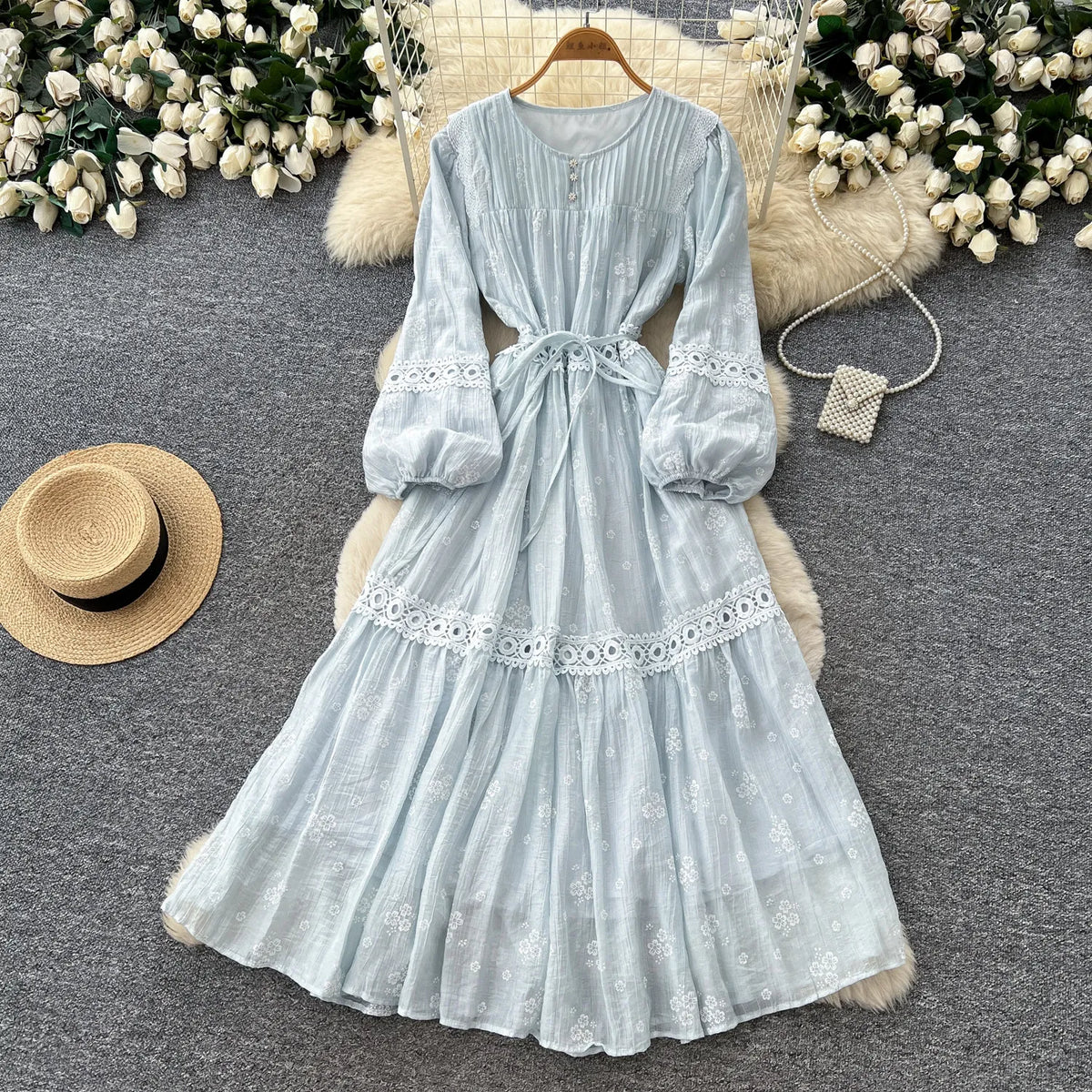 Jacquard Ruffle Puff Sleeve Swing Dress