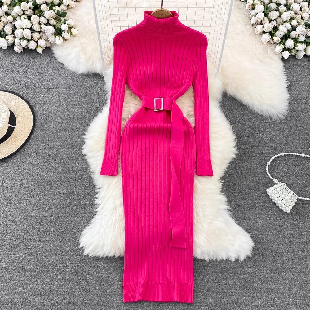 Belted Turtleneck Ribbed Knit Maxi Dress