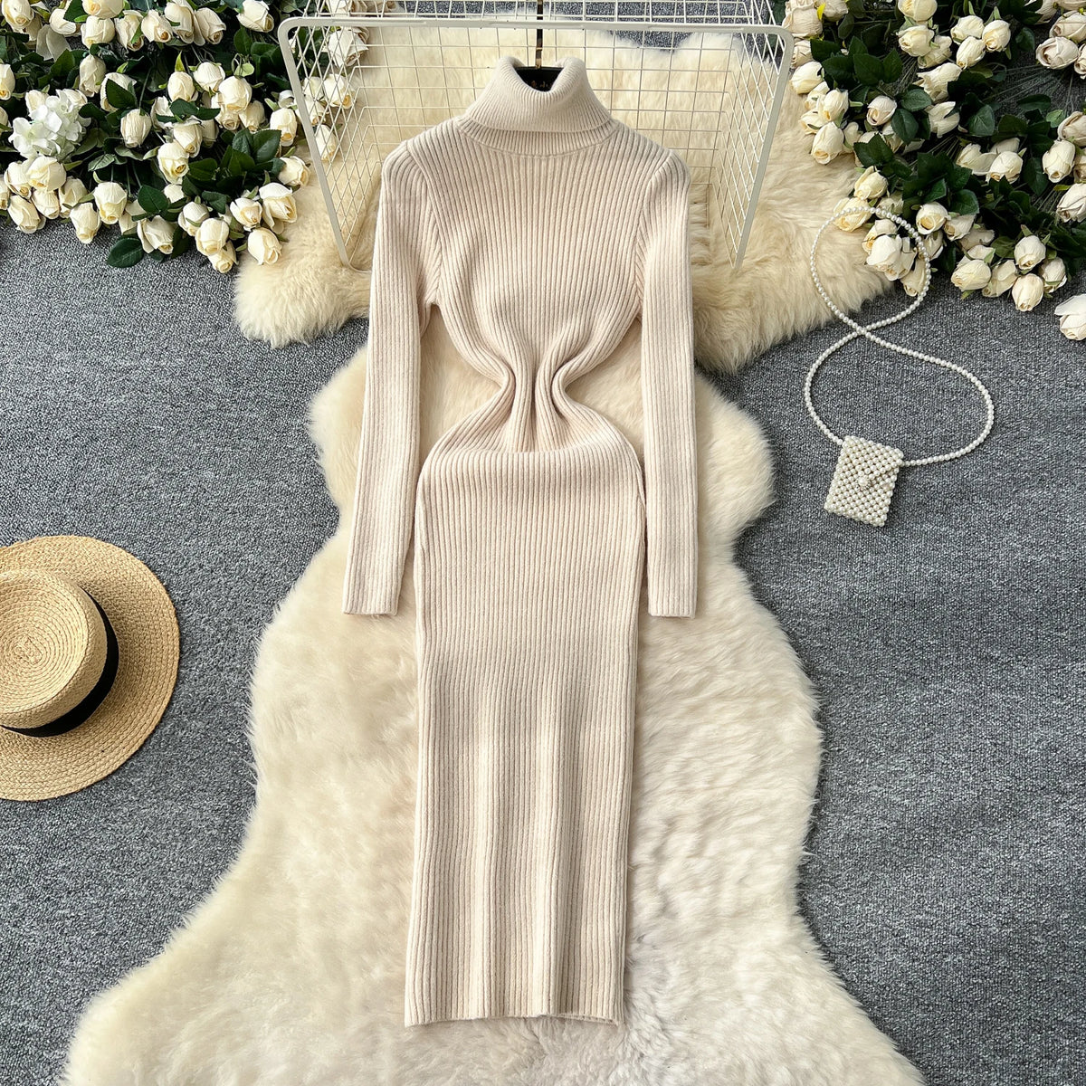 Turtleneck Knit Long Sleeve Maxi Dress