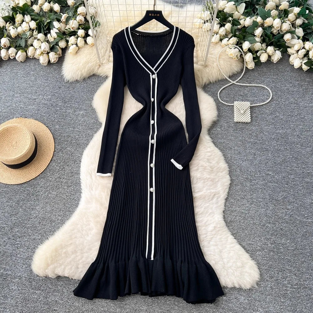 Ruffled Button Front Knit Maxi Dress