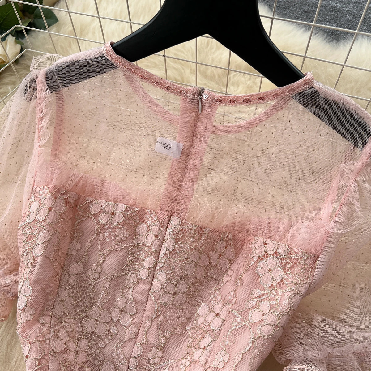Glitter Mesh Puff Sleeve Dress