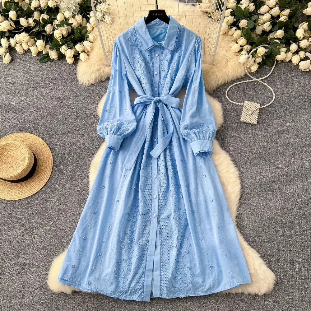 Embroidered Collared Lantern Sleeve Maxi Dress