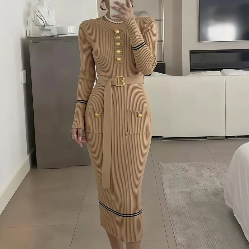 Belted Knit Bodycon Maxi Sweater Dress