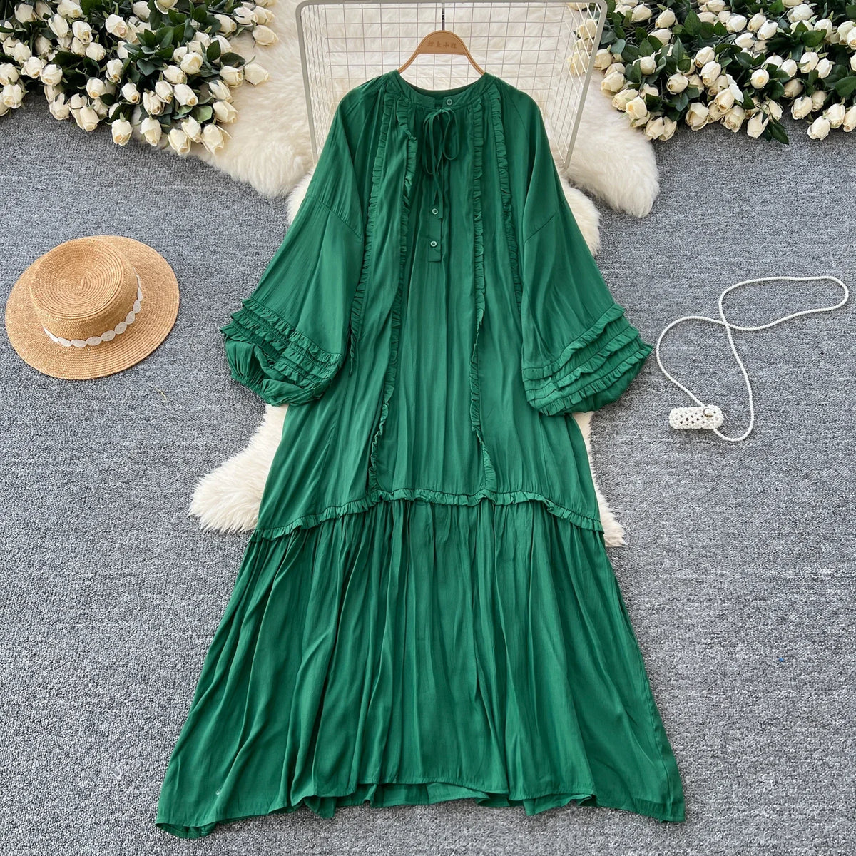 Lace-Up Lantern Sleeve Ruffle Dress