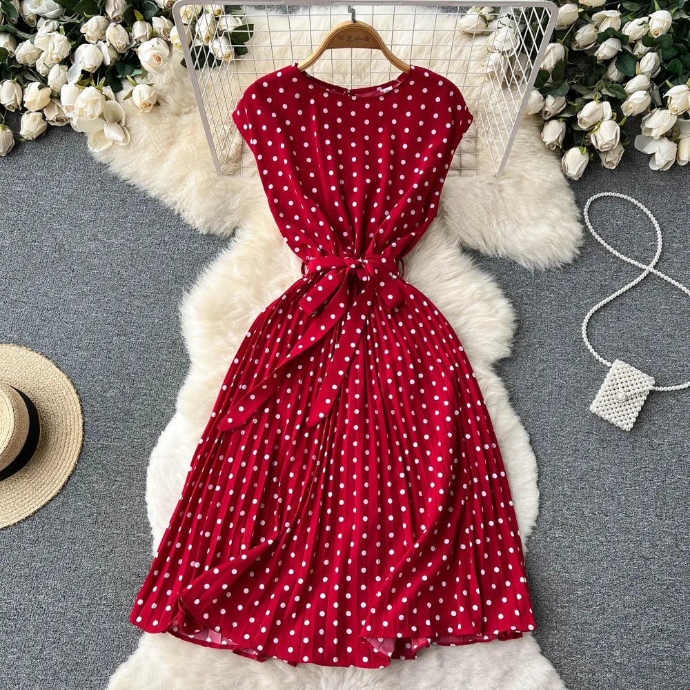 Polka Dot Sleeveless Belted Pleated Dress