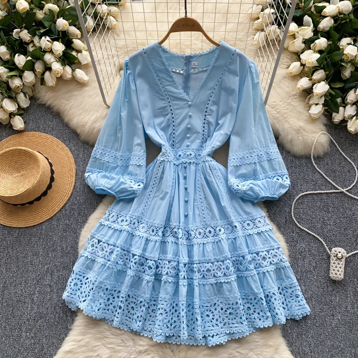Lace V-Neck Lantern Sleeve Puff Dress