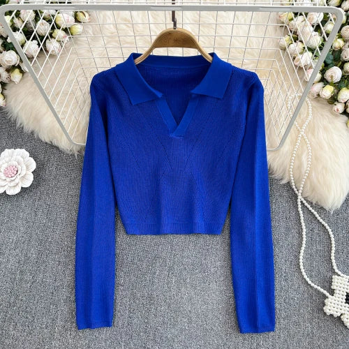 Collared Knit Long Sleeve Crop Top
