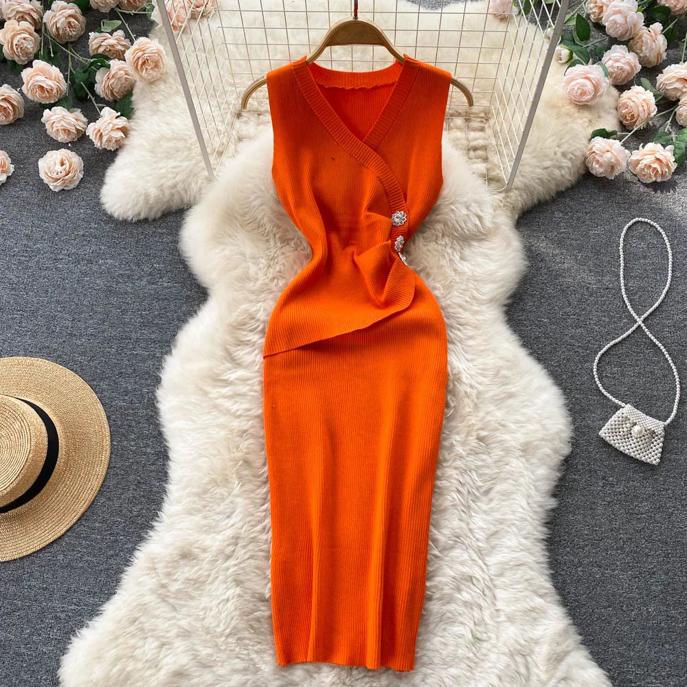 Sleeveless Button Knit Bodycon Dress