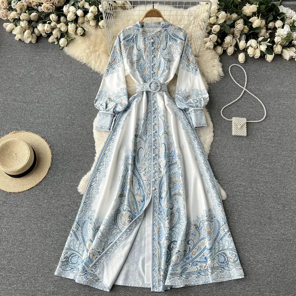 Belted Lantern Sleeve Maxi Shirt Dress