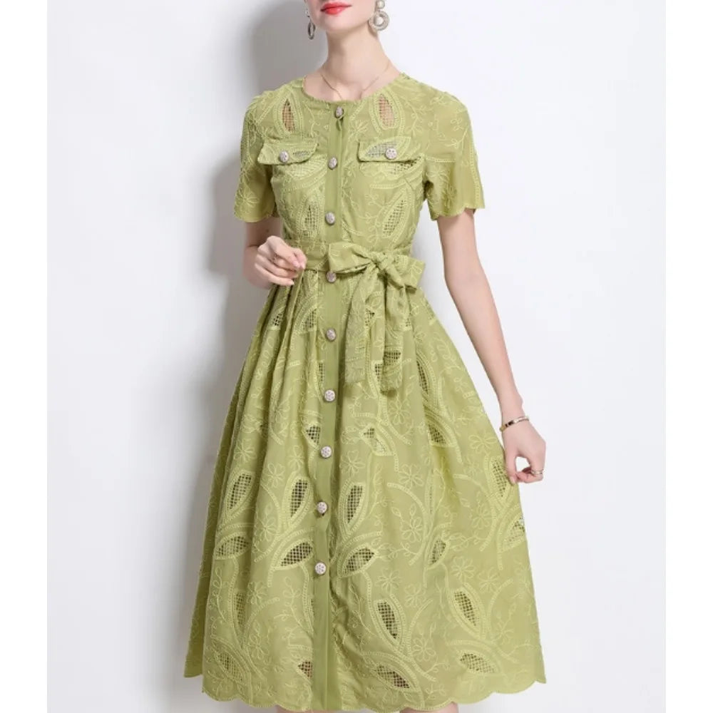 Single Breasted Lace-Up O-Neck Dress