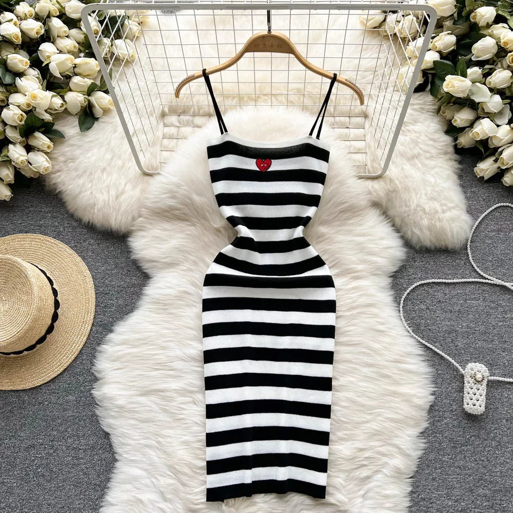 Embroidered Striped Knit Strappy Mini Dress