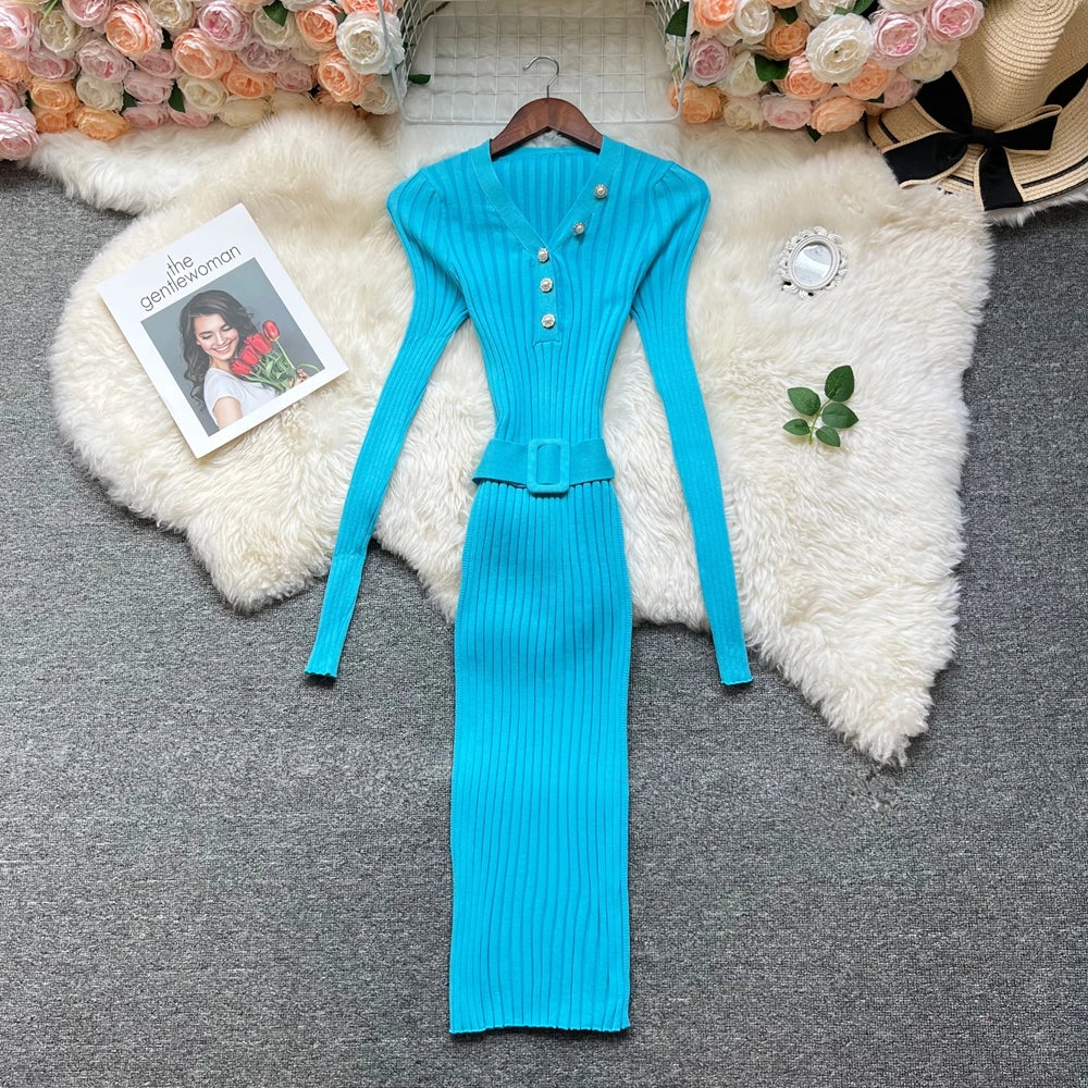 Belted Button V-Neck Knit Maxi Dress