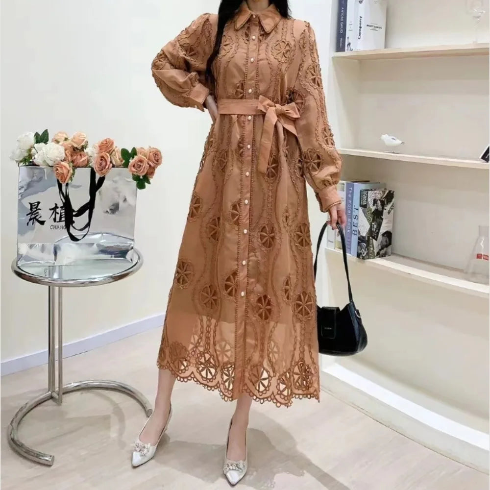 Embroidered Lapel Lantern Sleeve Long Dress