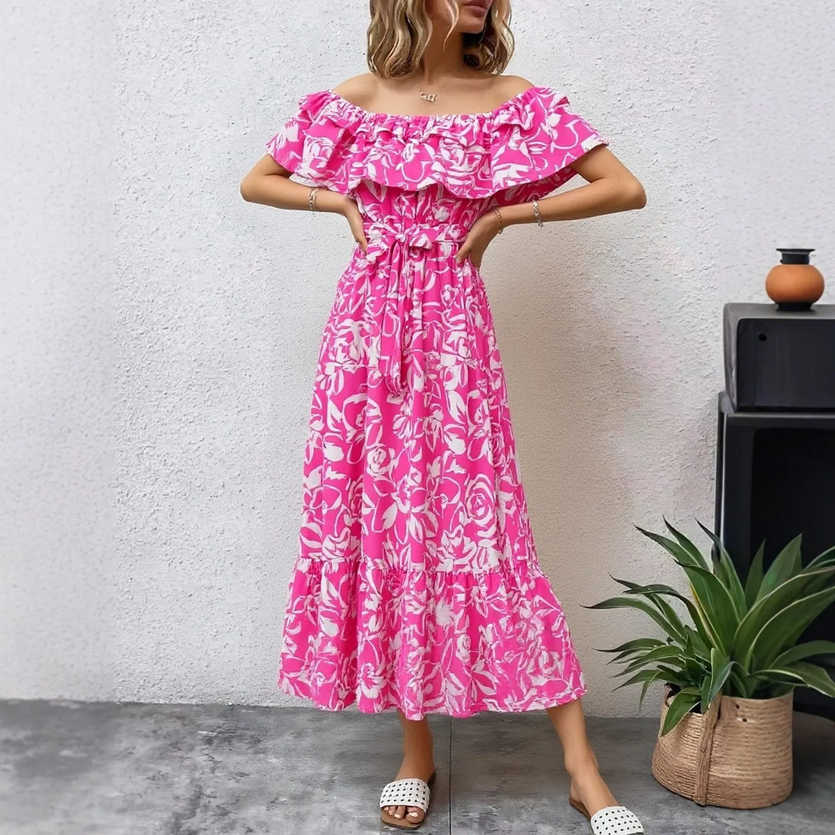 Off-Shoulder Floral Ruffled Maxi Dress