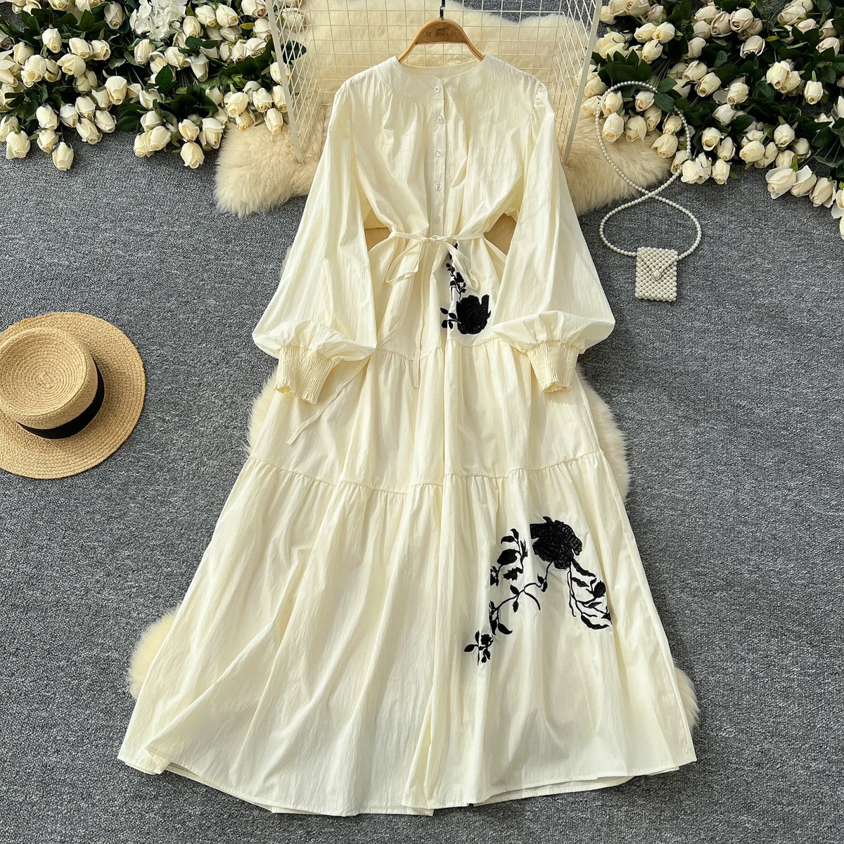 Rose Embroidered Long Sleeve Dress