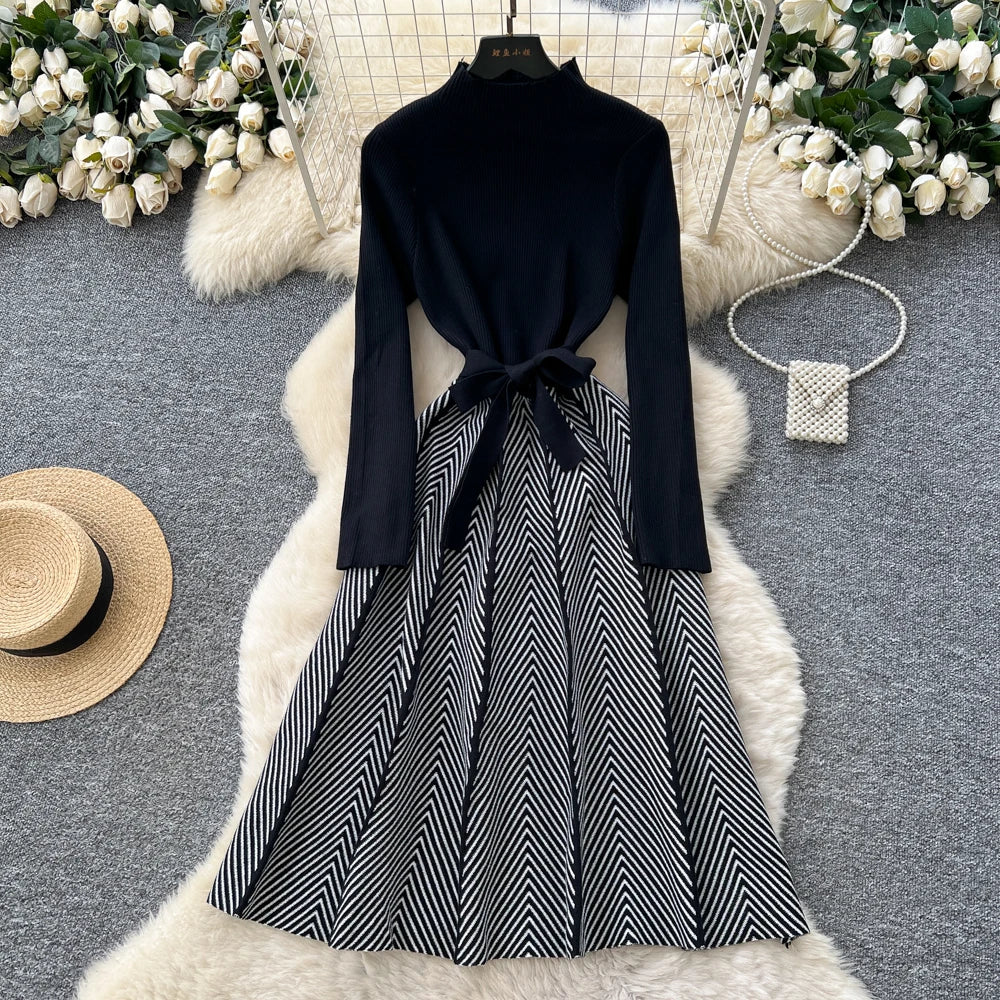 Spliced Knit Long Sleeve Party Dress