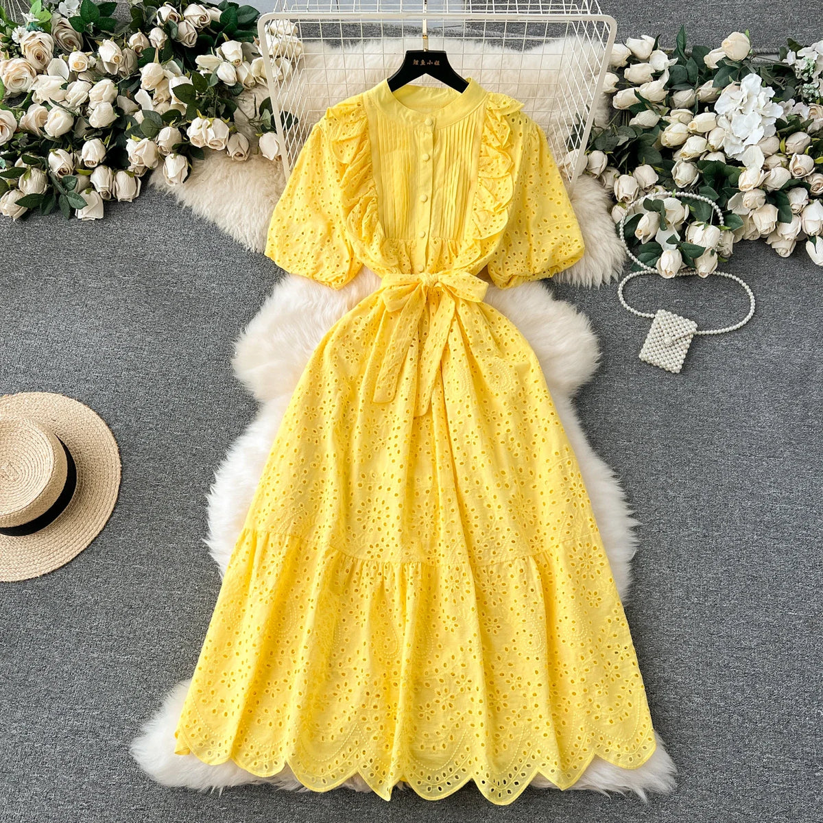 Solid Puff Sleeve Button Front A-Line Dress