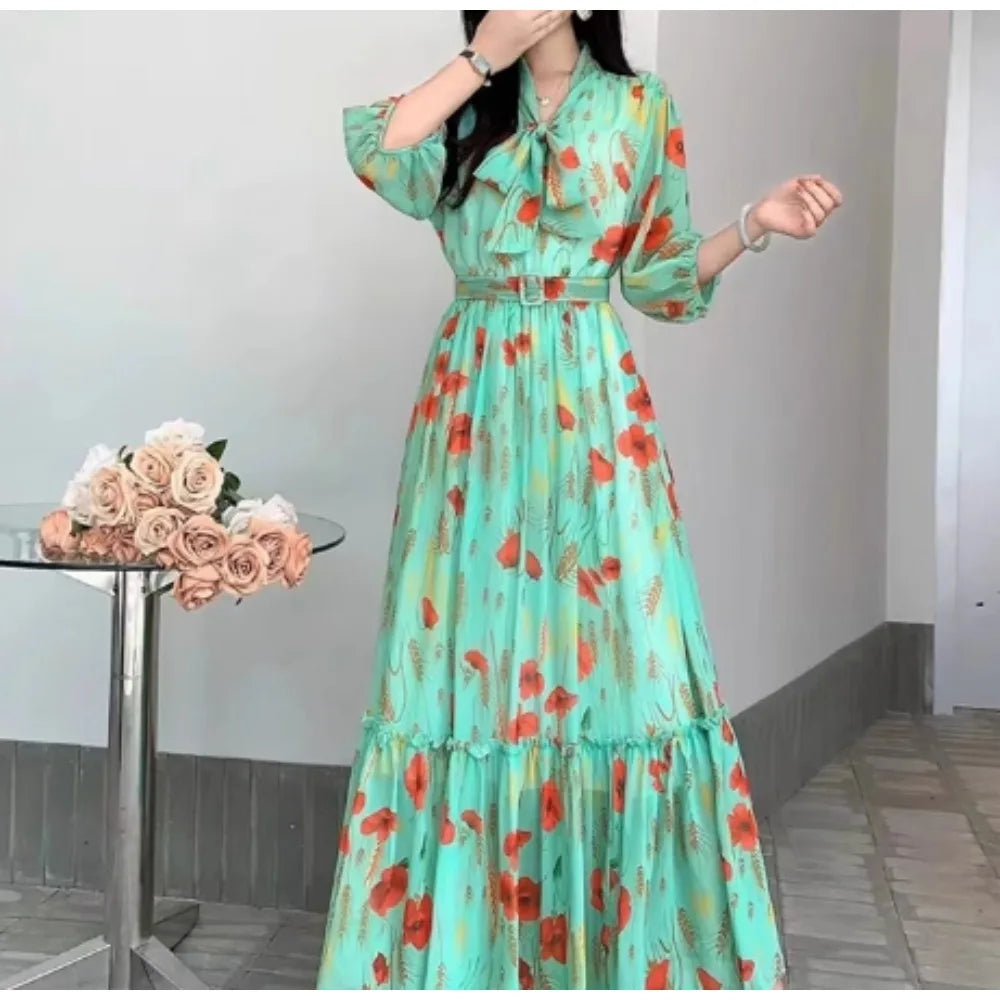 Vintage Print Bow Puff Sleeve Ruffle Dress