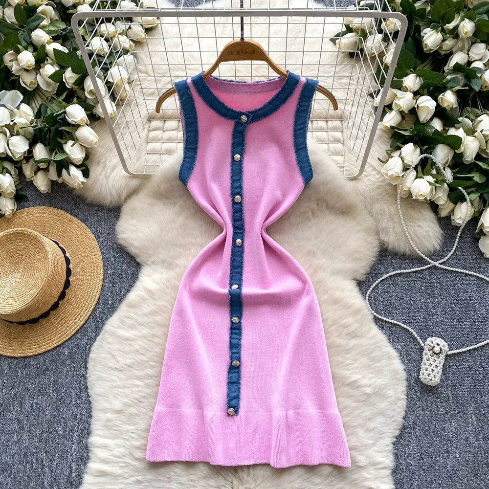 Denim Patchwork Ruffled Knit Mini Dress