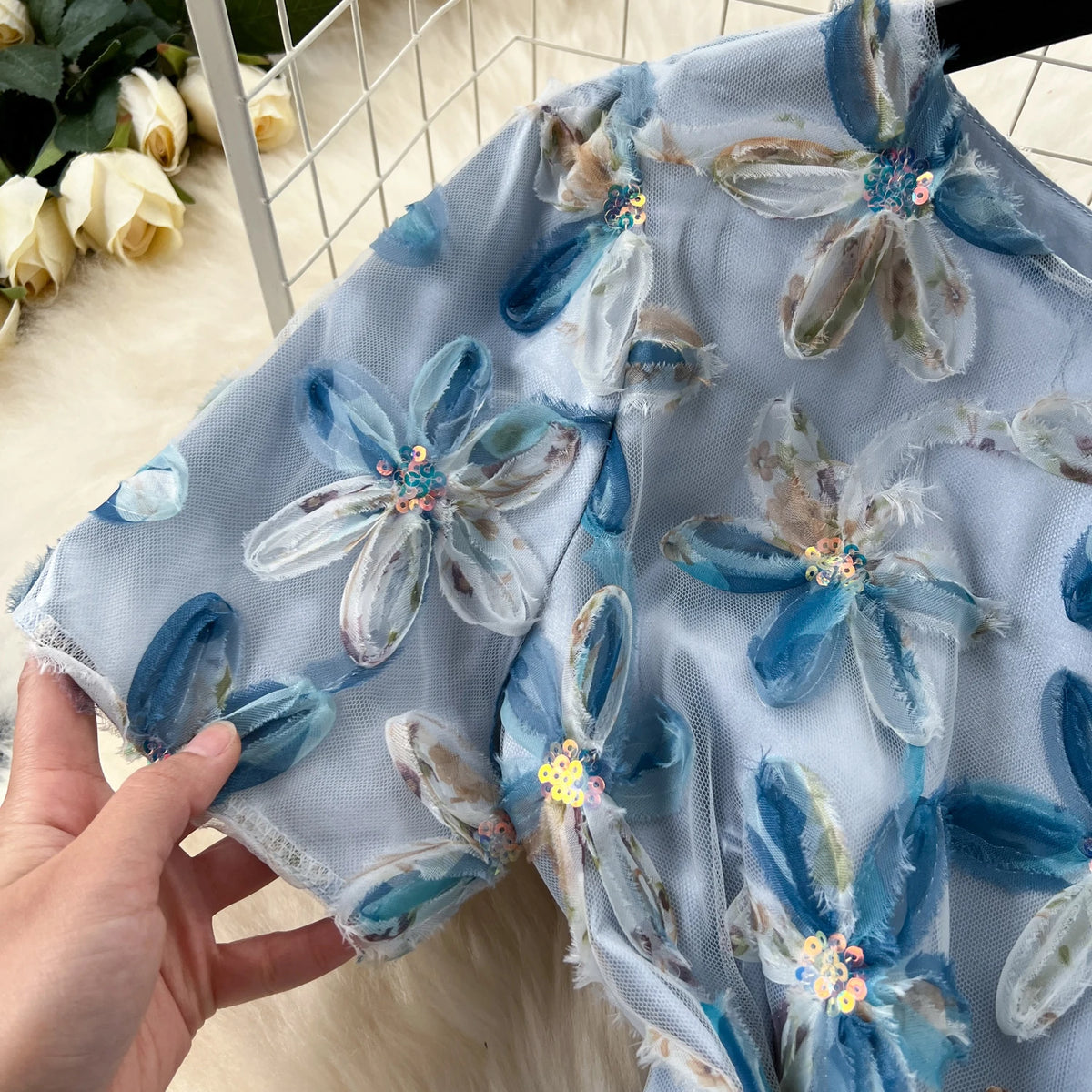 Sequin 3D Flower Short Sleeve Dress