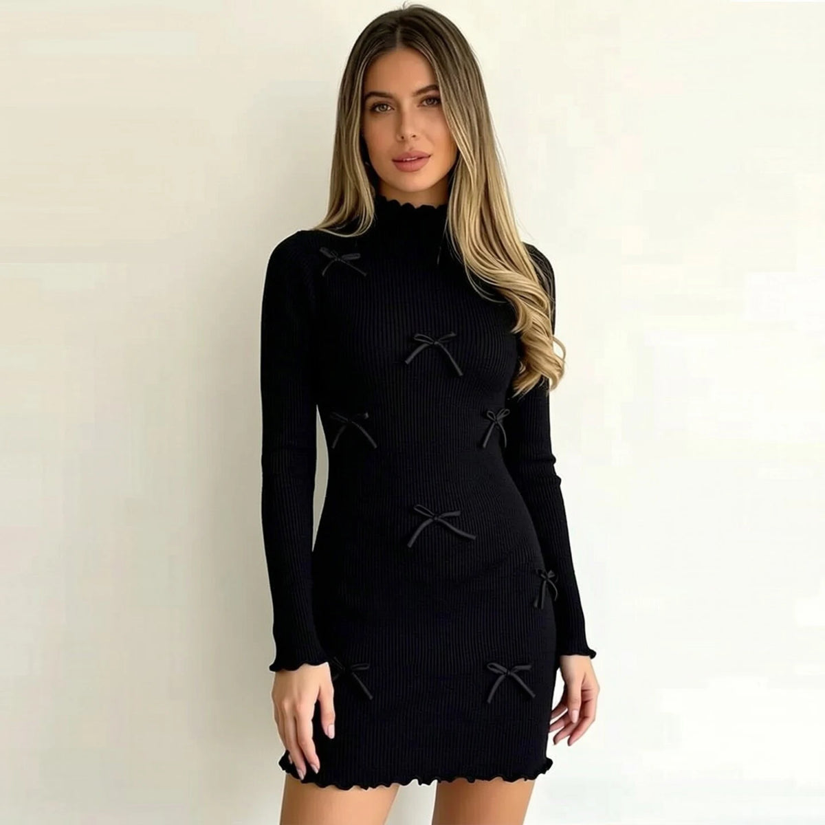 Black Bow Detail Knit Bodycon Mini Dress