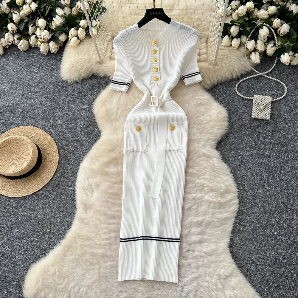 Belted Button Front Knit Maxi Dress