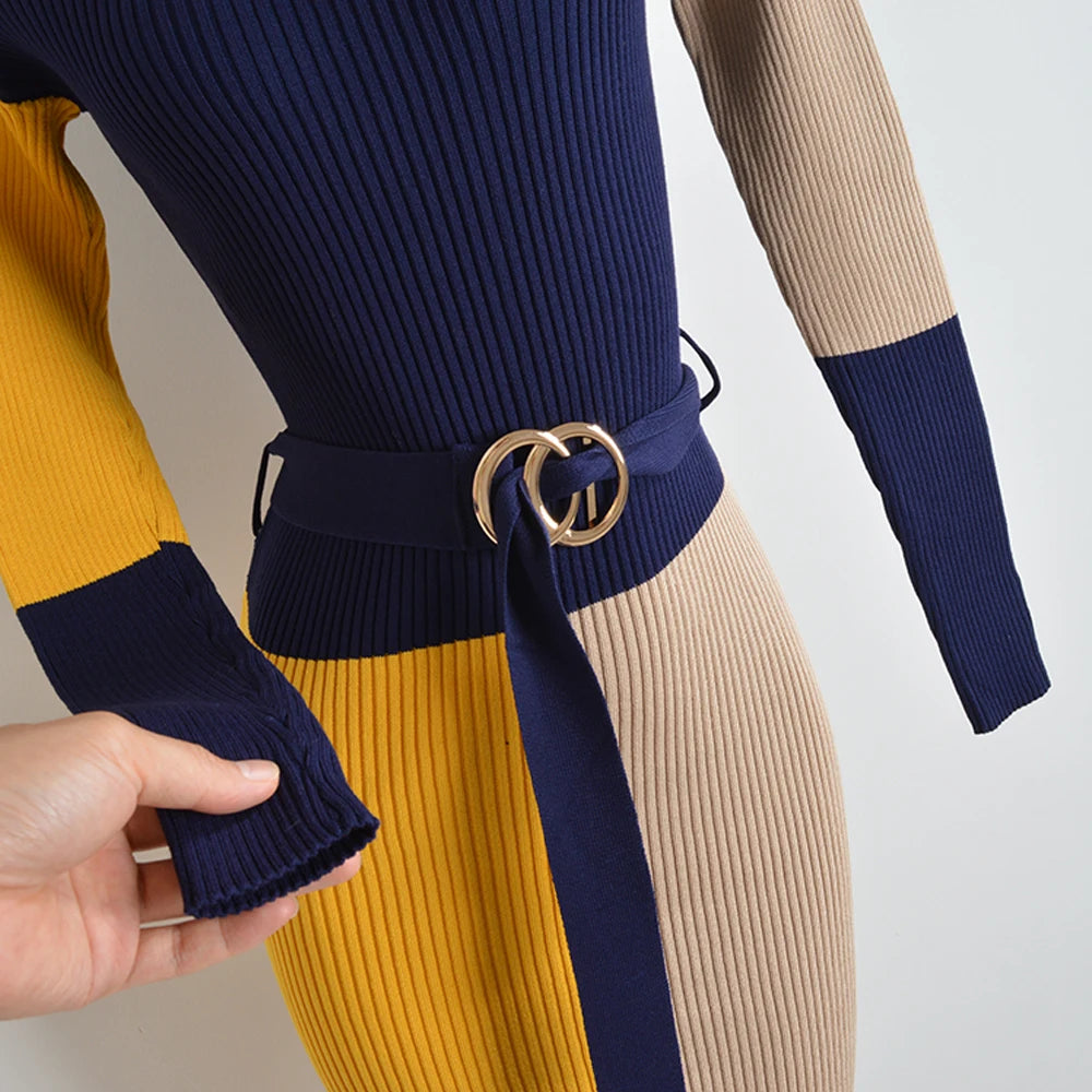 Belted Turtleneck Rib Knit Pencil Dress