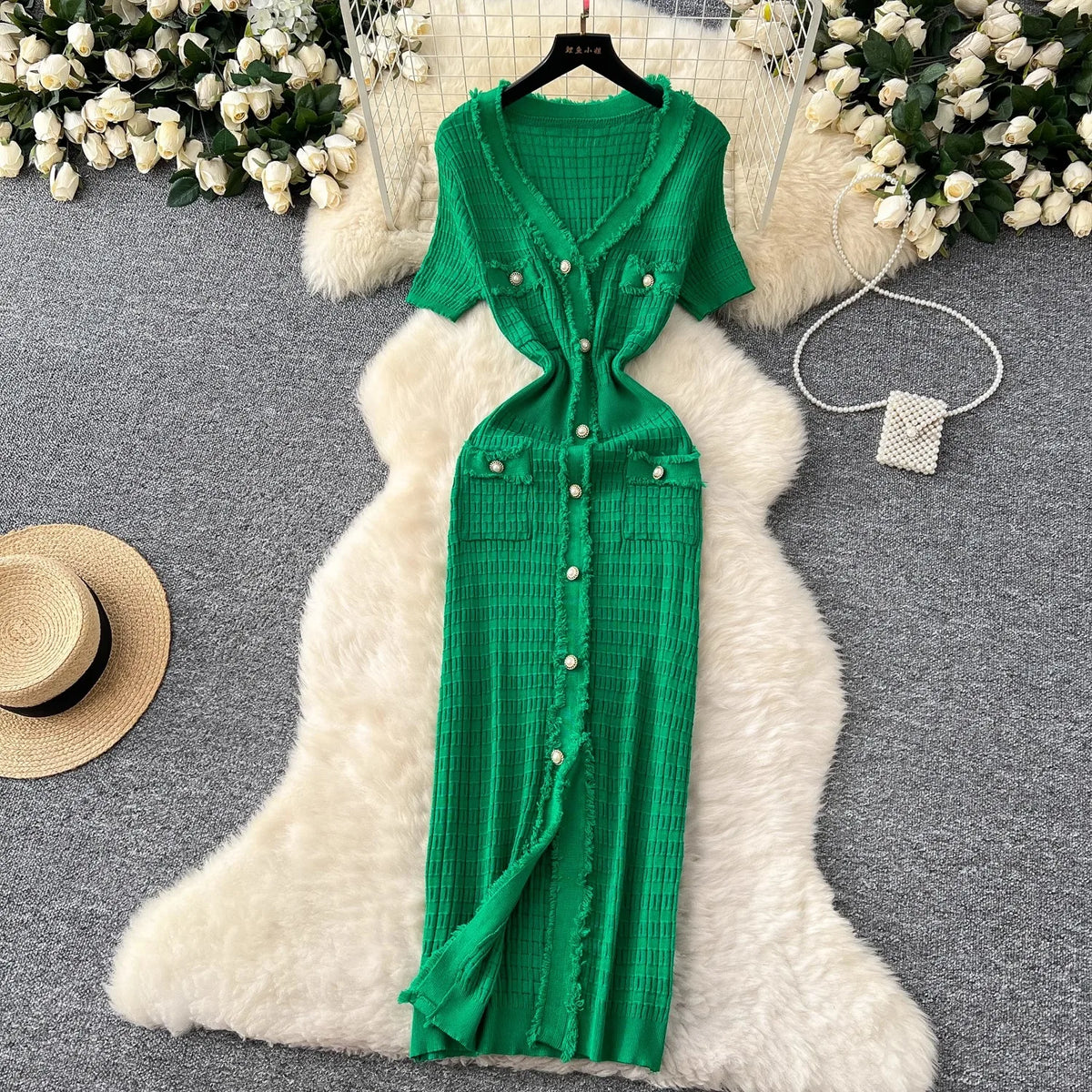 V-Neck Button Wrap Maxi Shirt Dress