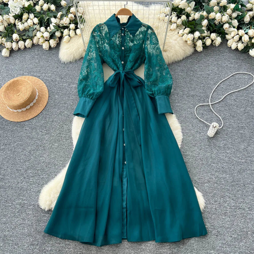 Single Breasted Mesh Long Sleeve Dress
