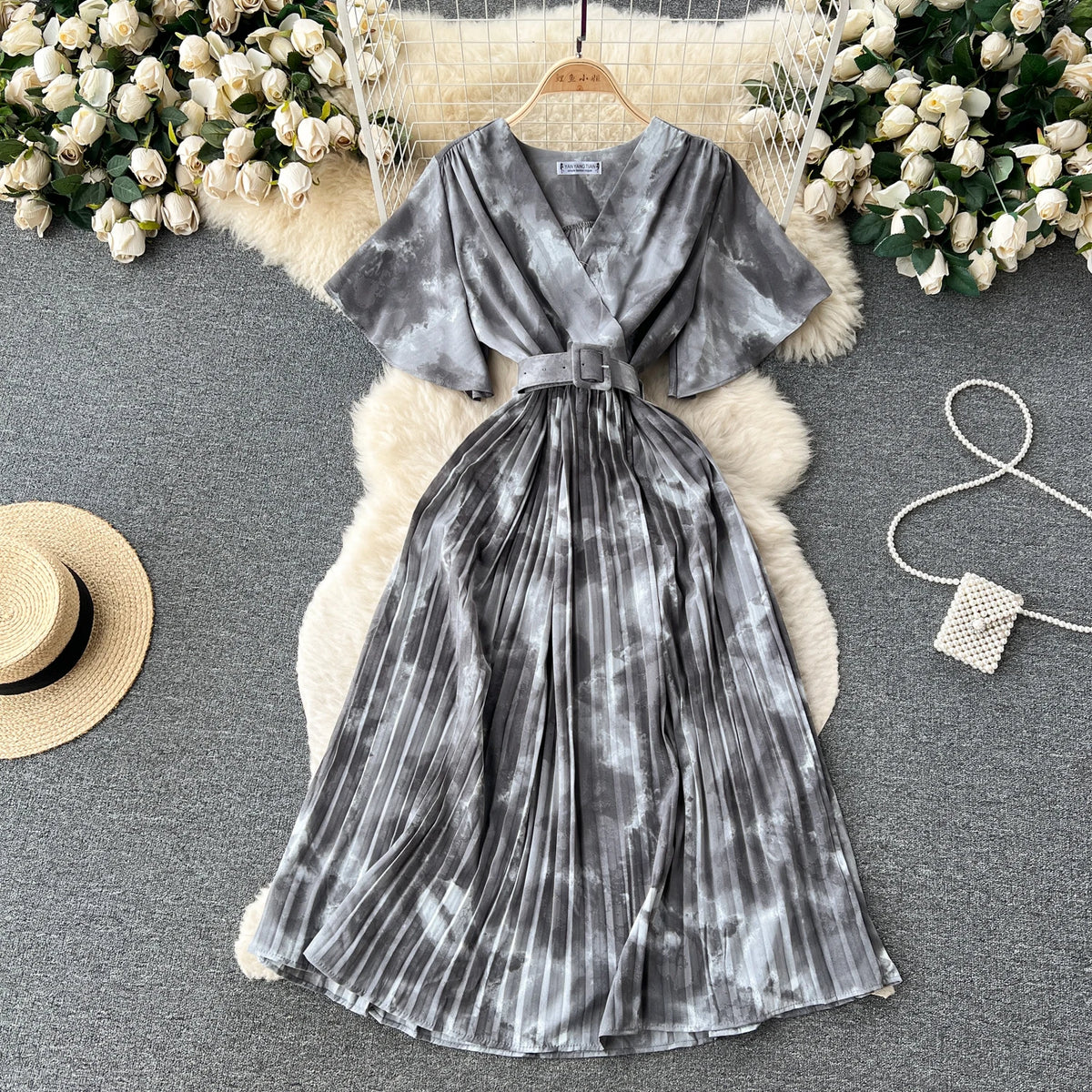 Tie Dye Chiffon V-Neck Dress