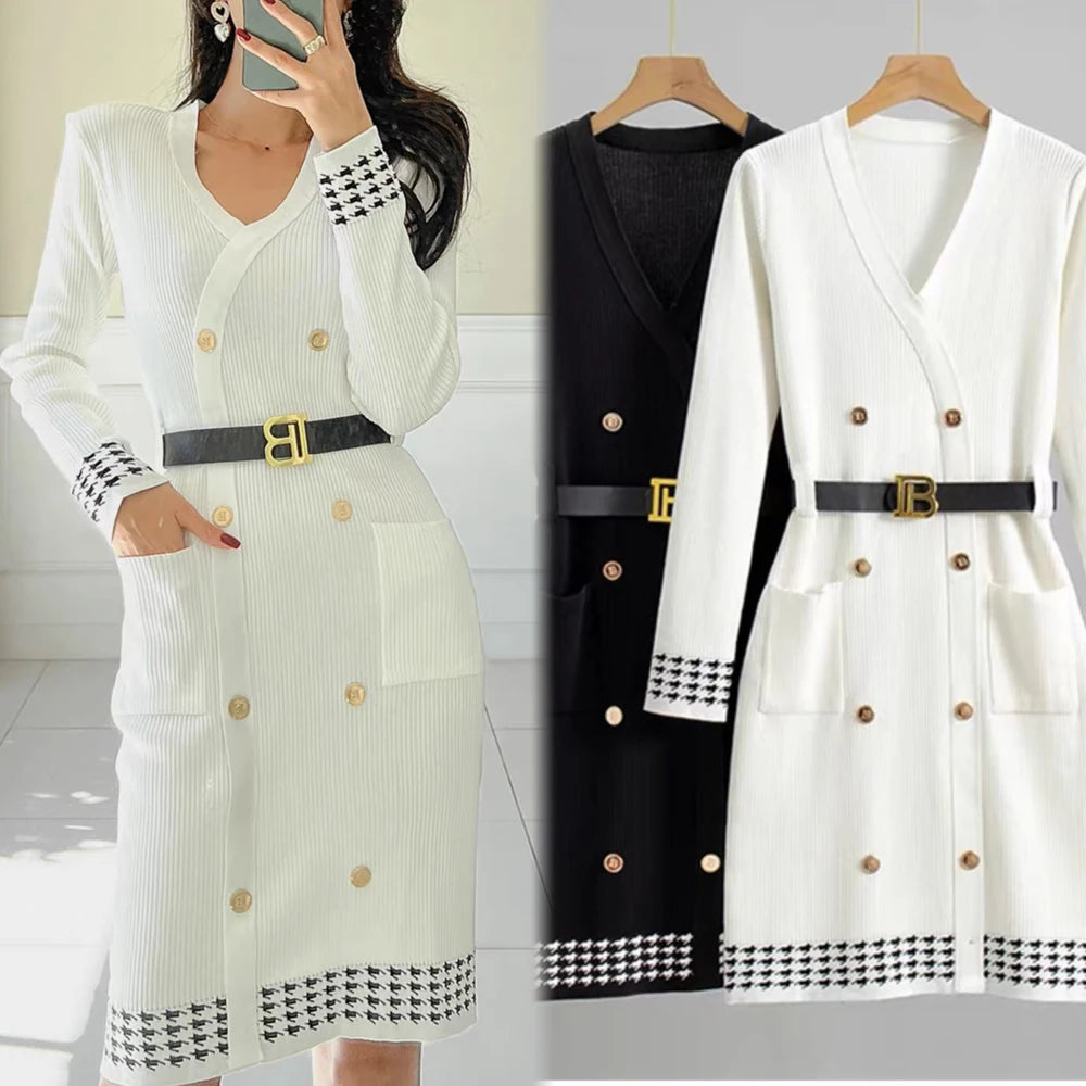 White Double-Breasted V-Neck Sweater Dress