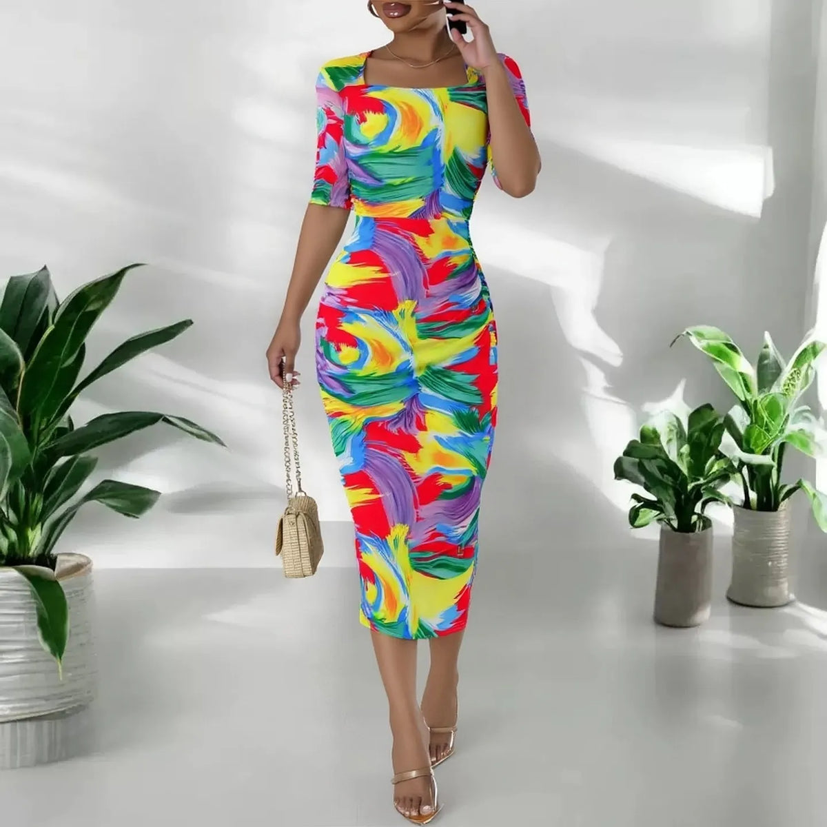 Printed Layered Mesh Bodycon Midi Dress