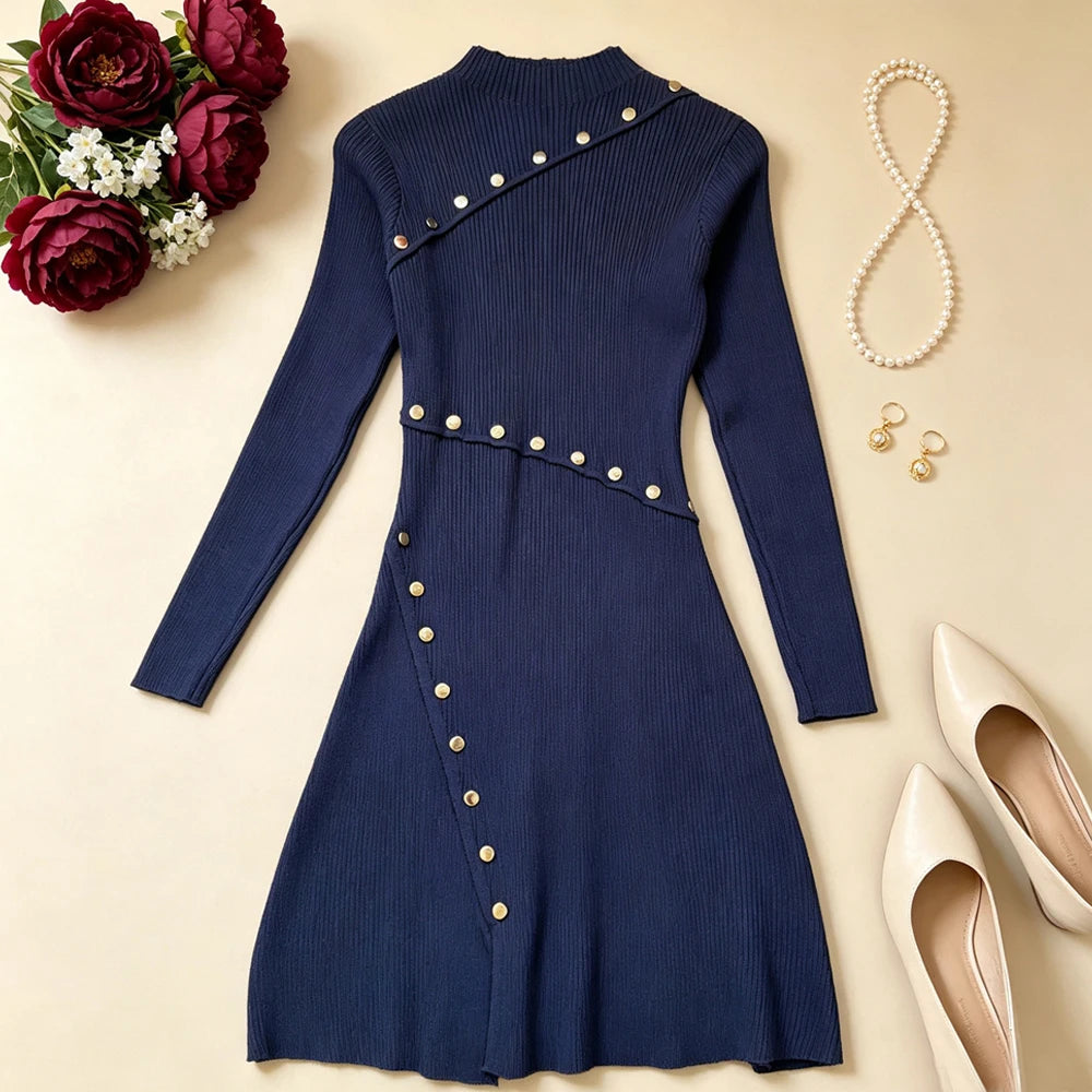 Black Long Sleeve A-Line Knit Mini Dress