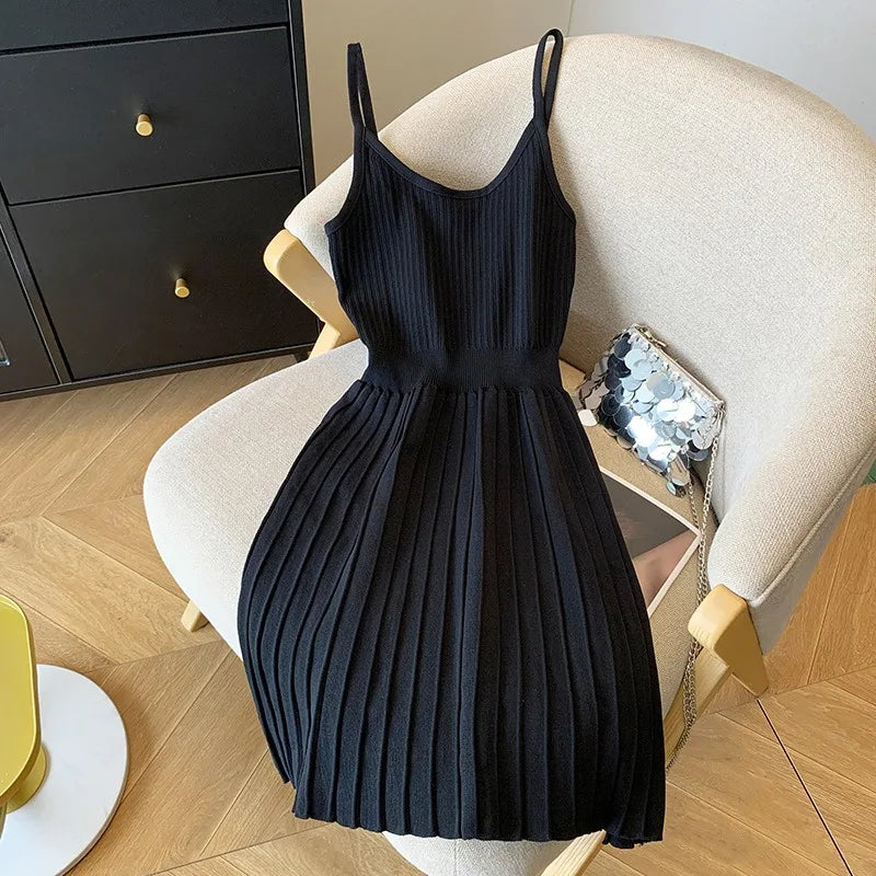 Pleated Knit Spaghetti Strap Mini Dress