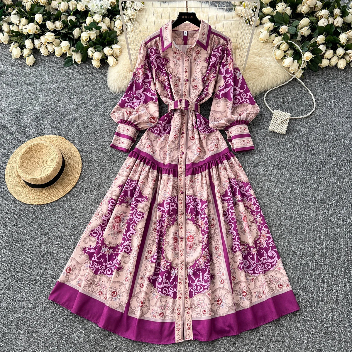 Print Single Breasted Puff Sleeve Dress