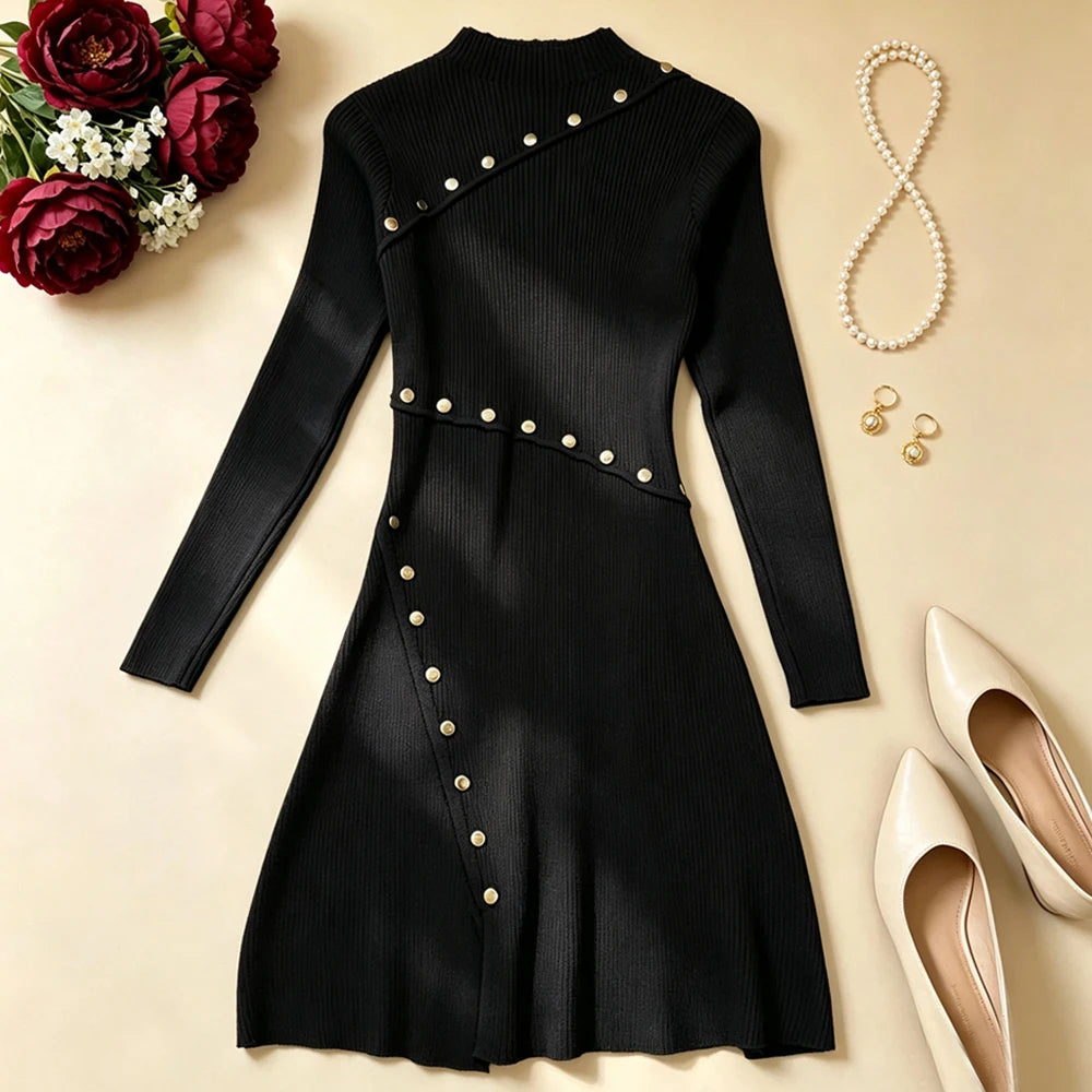 Black Long Sleeve A-Line Knit Mini Dress