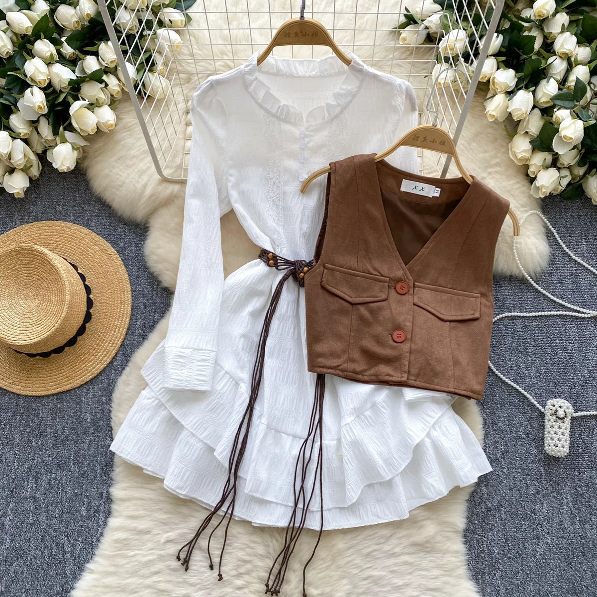 Ruffle Dress and Button Vest Set